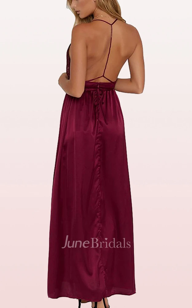 A Line V-neck Cowel Satin Evening Dress With Ruffles and Split Front
