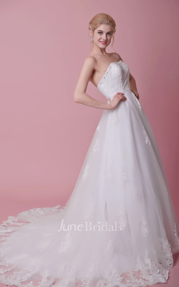 A-Line Strapless Lace-Appliqued Tulle Dress With Beaded Bodice