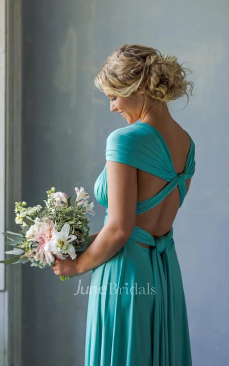 Elegant A Line Halter Neck Jersey Bridesmaid Dress With Half Sleeves And Straps Back 