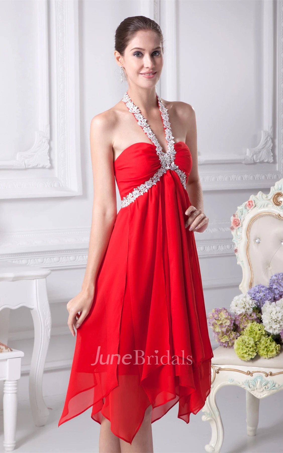 Sweetheart Empire Chiffon Midi Dress with Gemmed Halter