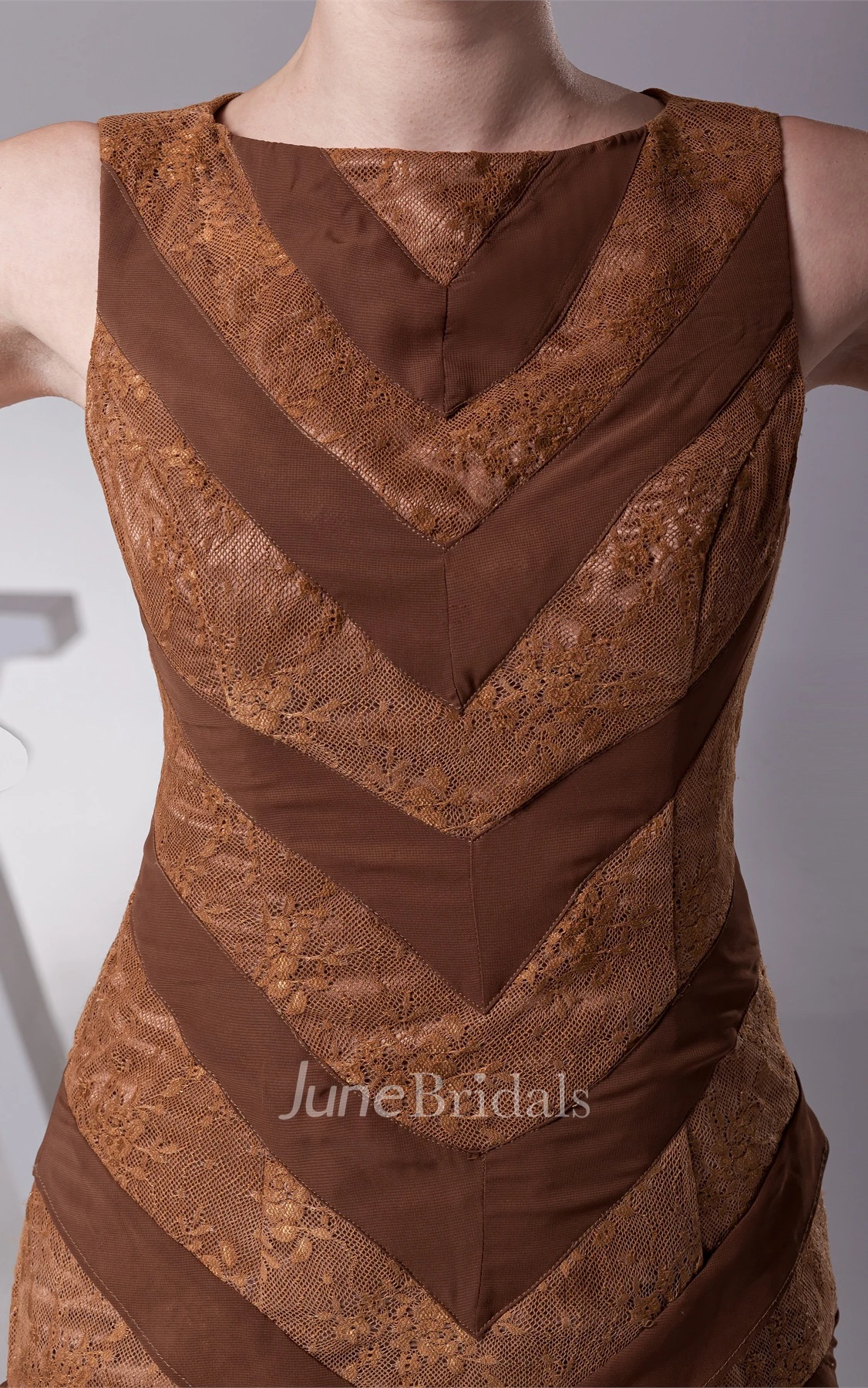 Bateau Sleeveless Tiered Chiffon Sheath Gown with Lace Embroidery