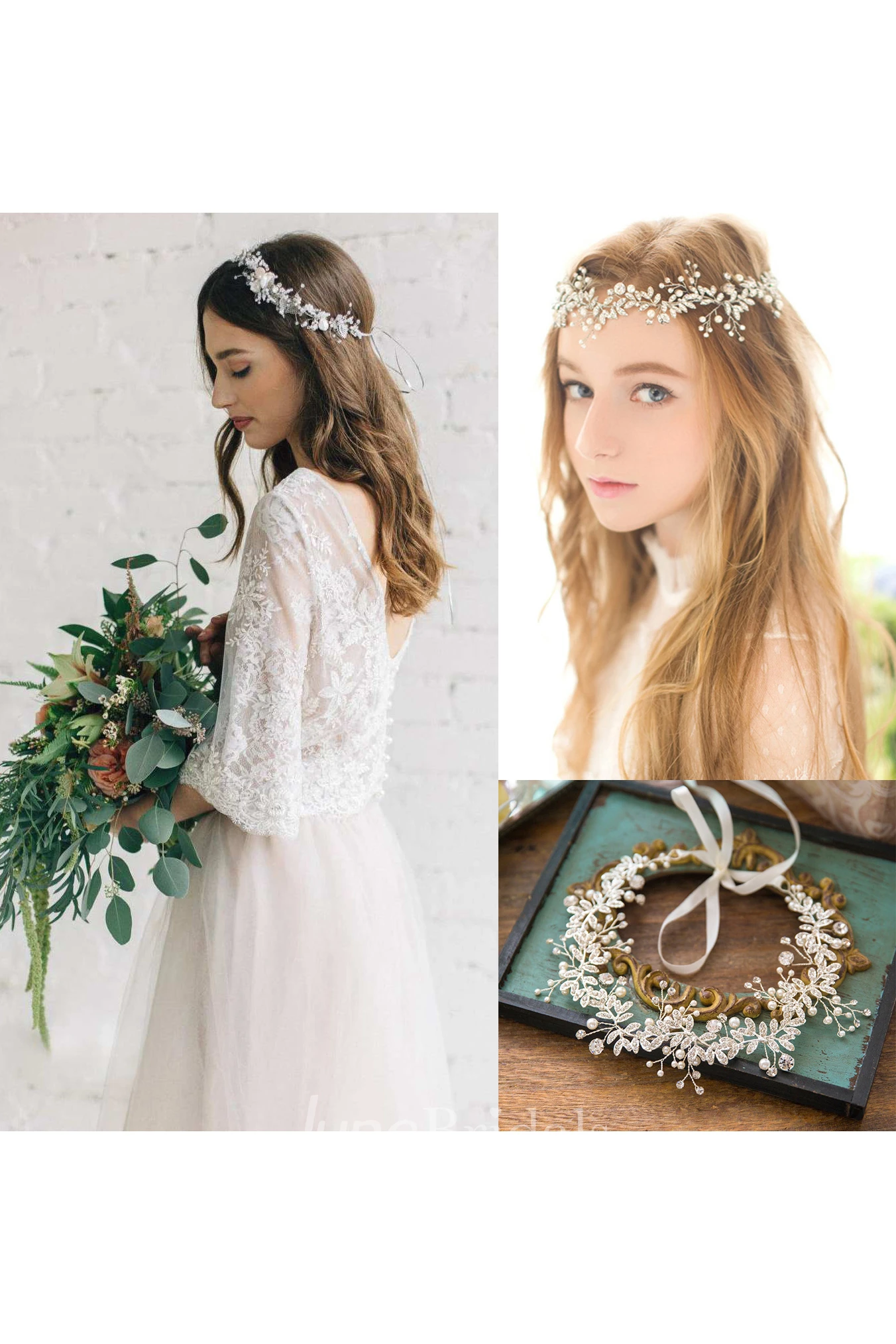 Bateau Lace Half Sleeve A-Line Tulle Dress With Low-V Back and Korean Silver Rhinestone Flower Headdress With Pearl Headband