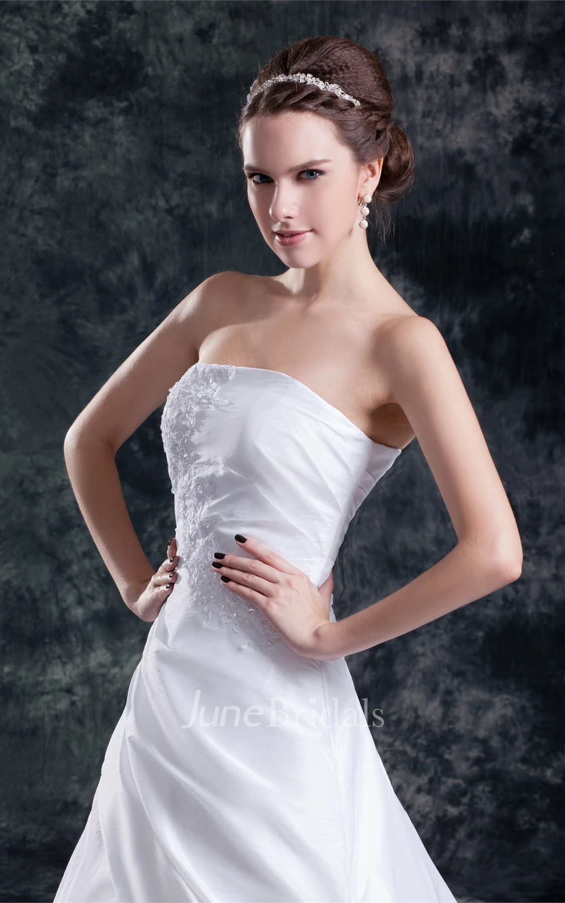 strapless a-line gown with corset back and appliques