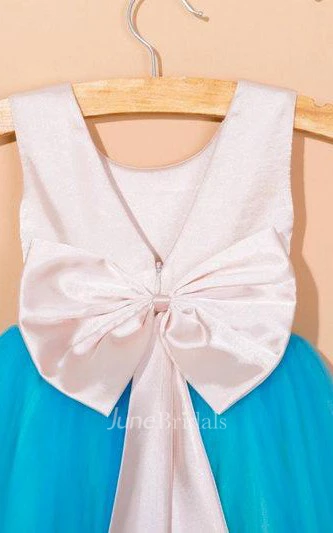 Sleeveless Scoop Pleated Tulle&Satin Dress With Flower