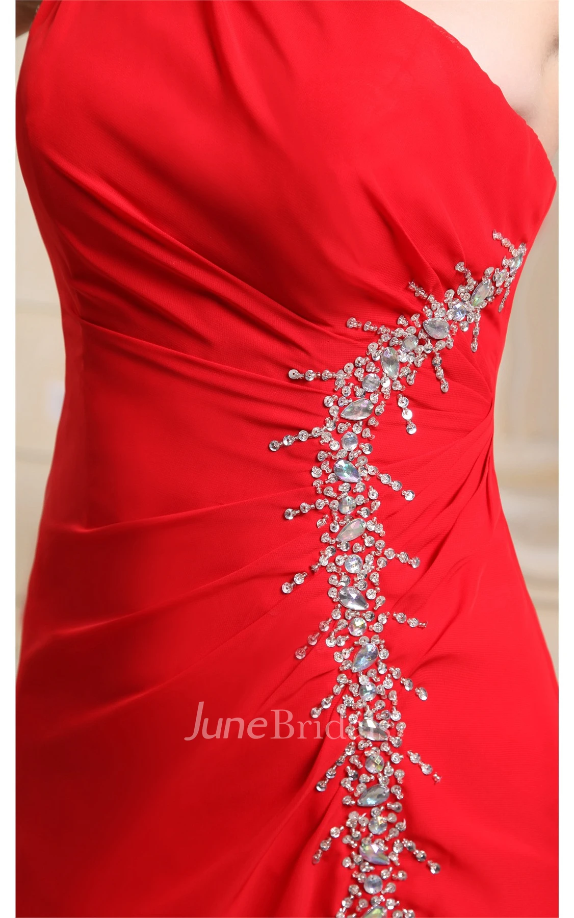 One-Shoulder Ruched Chiffon Long Dress with Front Slit and Appliques