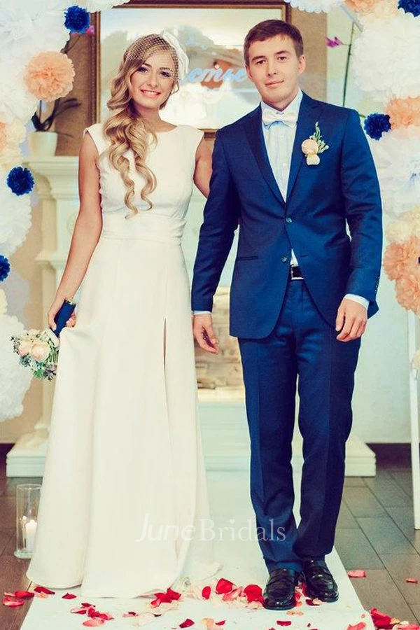 Scoop-Neck Short Sleeve Split Front Long Wedding Dress