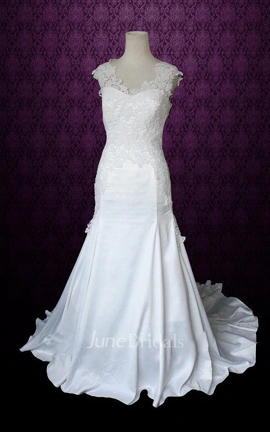 Sleeveless Sheath Long Satin Wedding Dress With Appliques And Jewel Neck