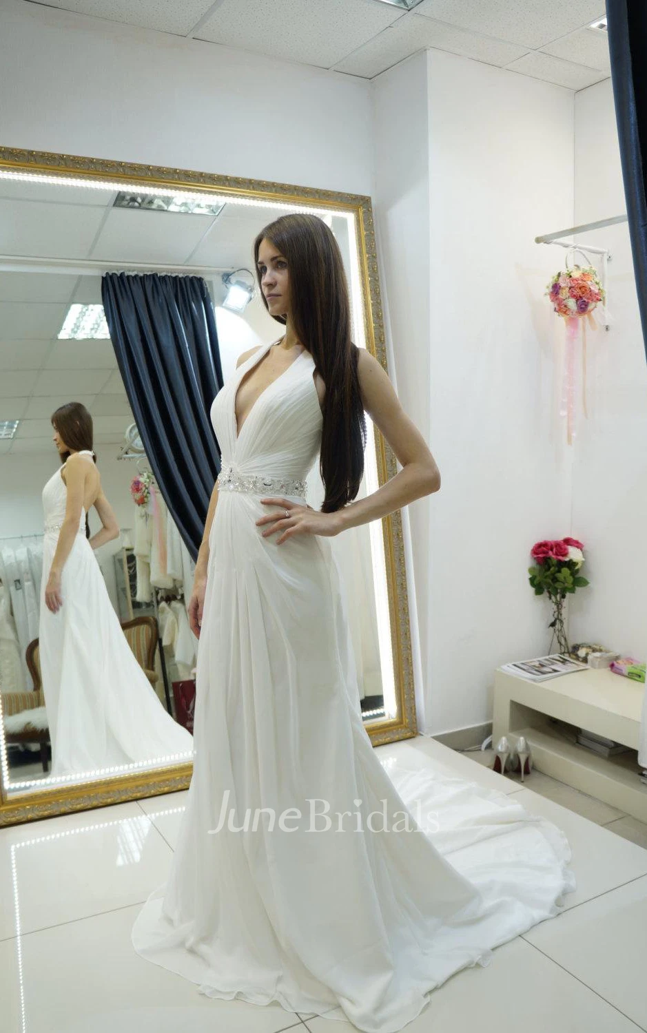 Strapped Chiffon Weddig Dress With Beading