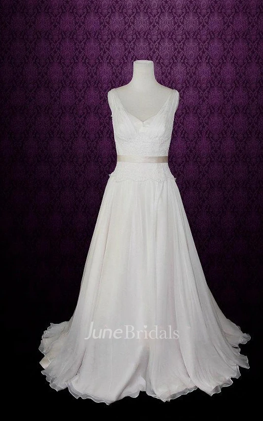 V Neck Neck Sleeveless Sleeveless Sleeveless Low V Back Back Floor Length Chiffon Wedding Dress With Sash Ribbon