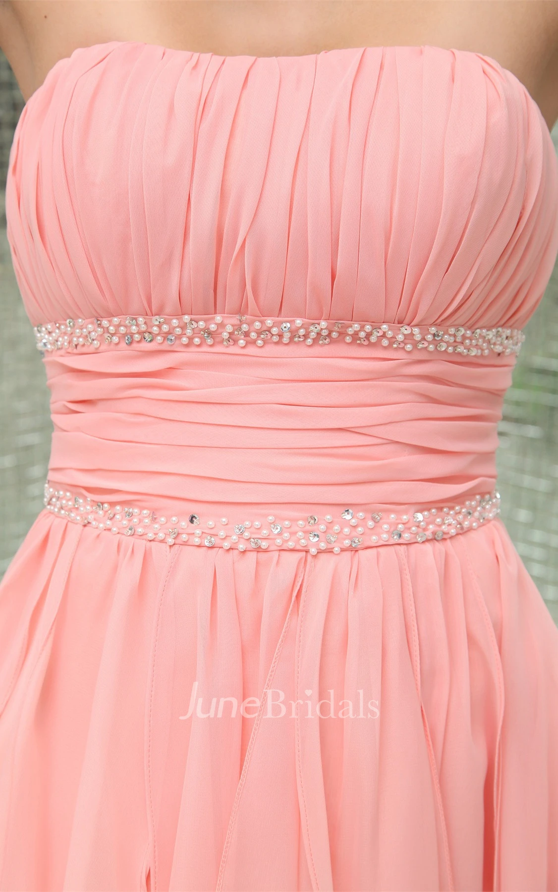Strapless Chiffon High-Low Dress with Ruching and Beading Waist