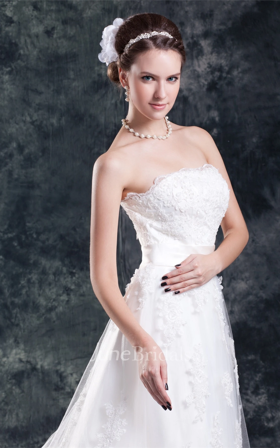 strapless appliqued a-line dress with court train and tulle