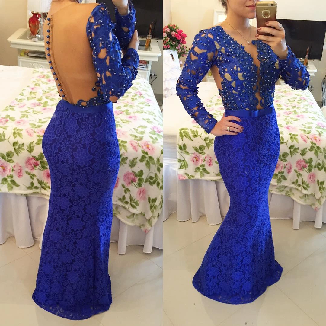 Stunning Long Sleeve Lace Evening Dress Pearls Mermaid Prom Gown