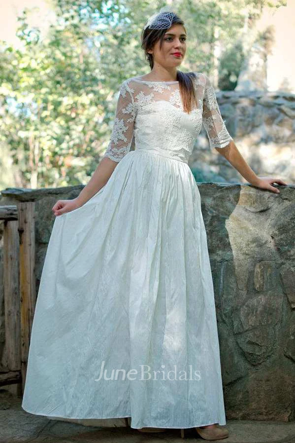 Bateau Illusion Half Sleeve Lace Floor-Length Wedding Dress With Low-V Back