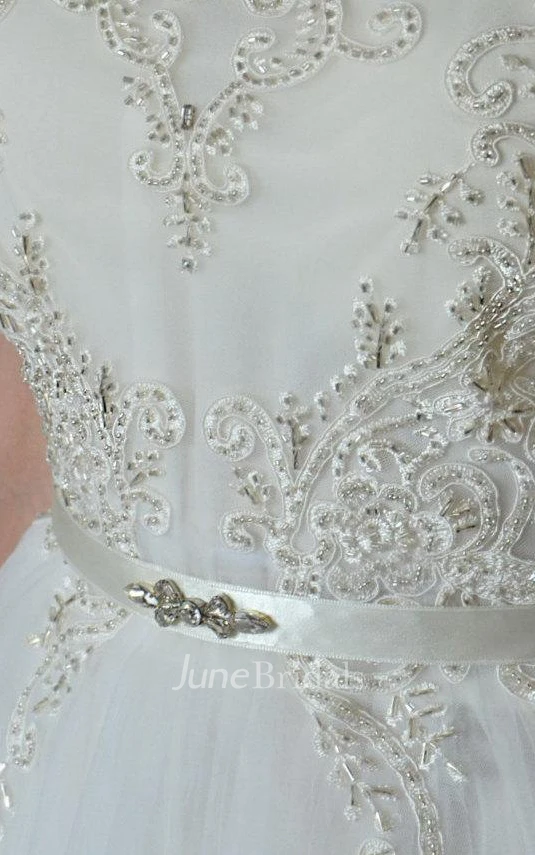 A-Line Tulle Cap-Sleeve Floor-Length Dress and Hand-Woven Hollow Three-dimensional Flowers White Pearl Hair Bands