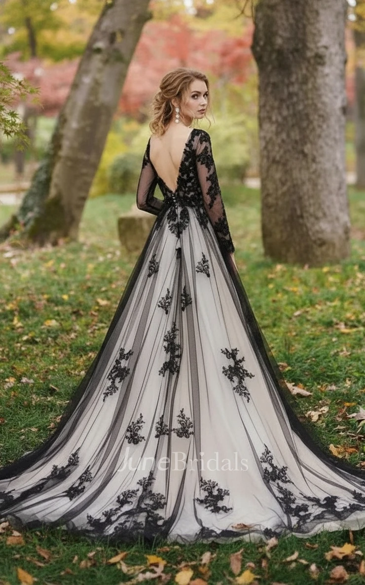 Gothic Long Sleeve Black Gown for Wedding A Line Boho Lace Deep-V Neck Flowy Bridal Dress