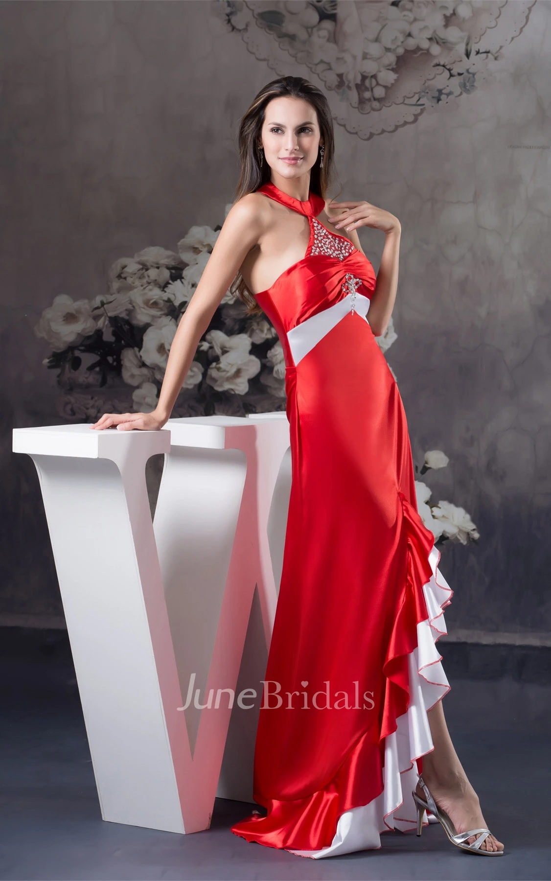 Sleeveless High-Neck Strapless Front-Split Dress with Beadings and Ruffles