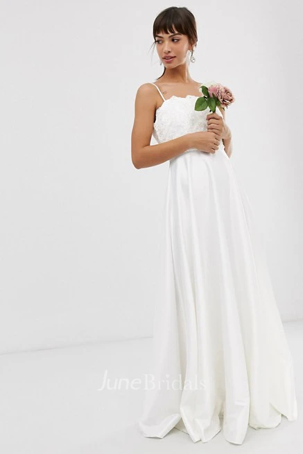 Simple Satin Sheath Spaghetti Floor Length Wedding Dress