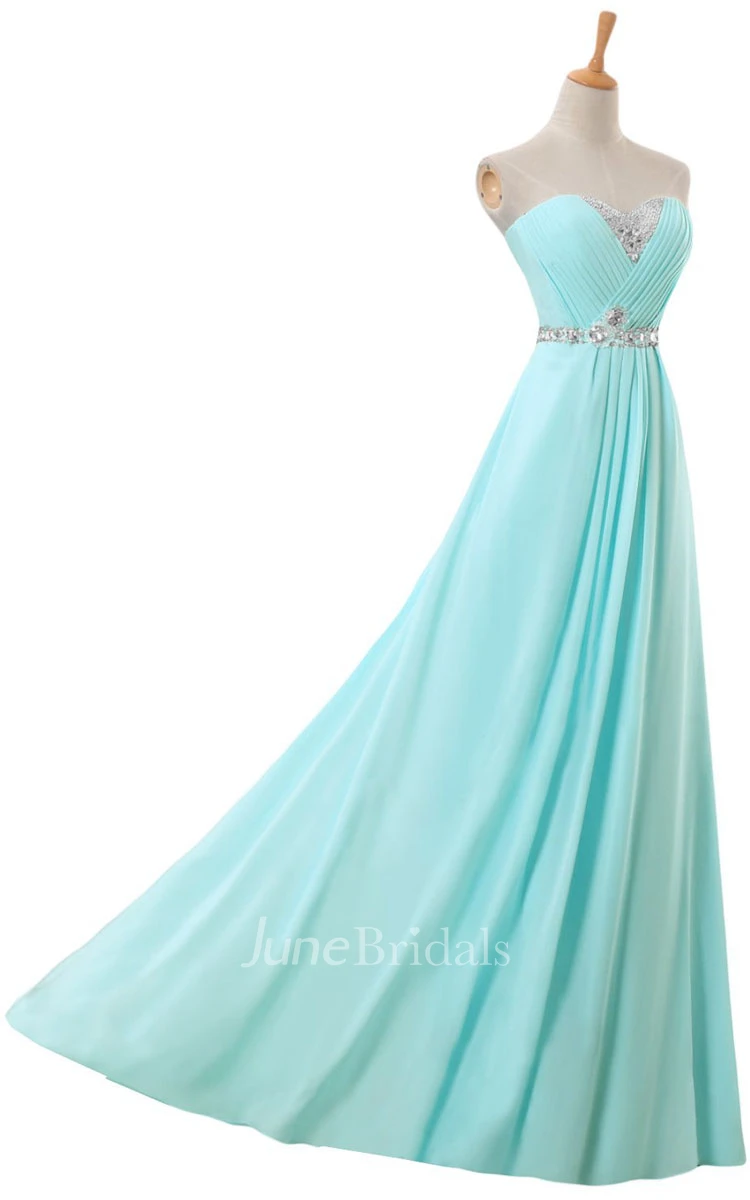 Sweetheart Rhinestoned Pleated A-line Gown With Zipper Back