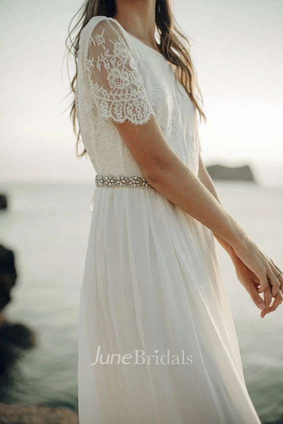 Boho Sheath Bateau Wedding Dress With Short Sleeve And Lace Open Back