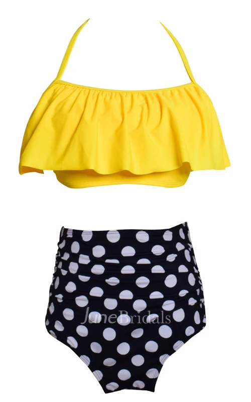 Floral and Plain Halter High Waist Bikini Set