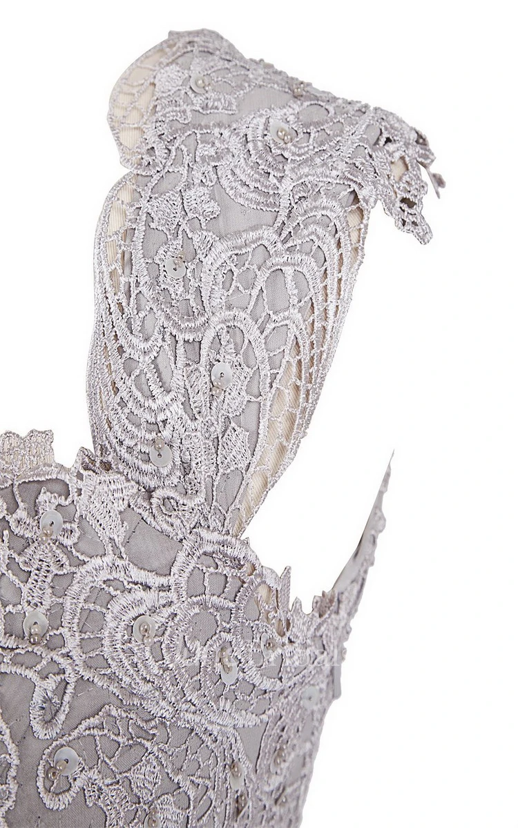 V-neck Long Ruffled Gown With Embroidered Bodice