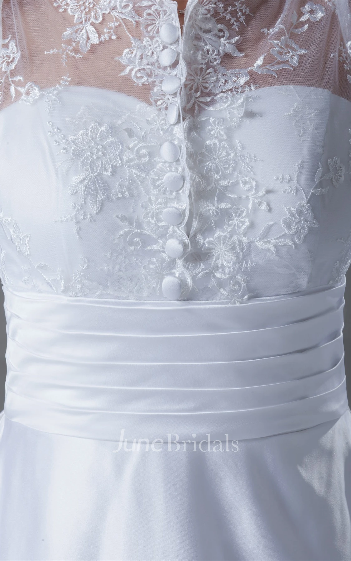 3-4-sleeve a-line lace gown with bow and illusion