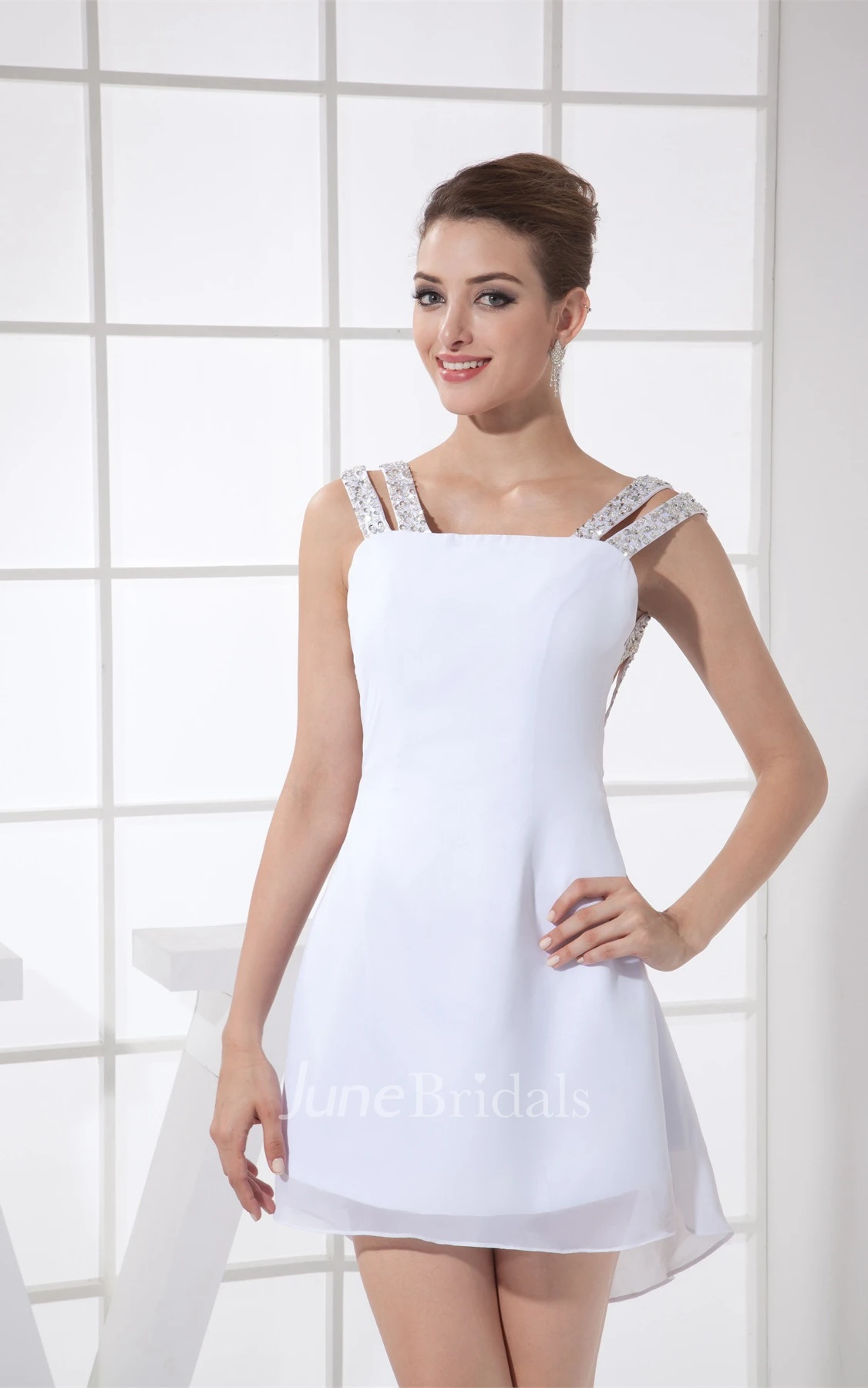 Chiffon Mini A-Line Dress with Beaded Straps and Keyhole Back
