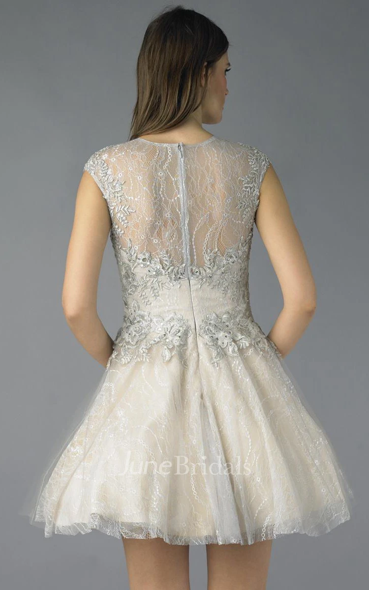 A Line Short Mini High Neck Short Sleeve Lace Illusion Dress