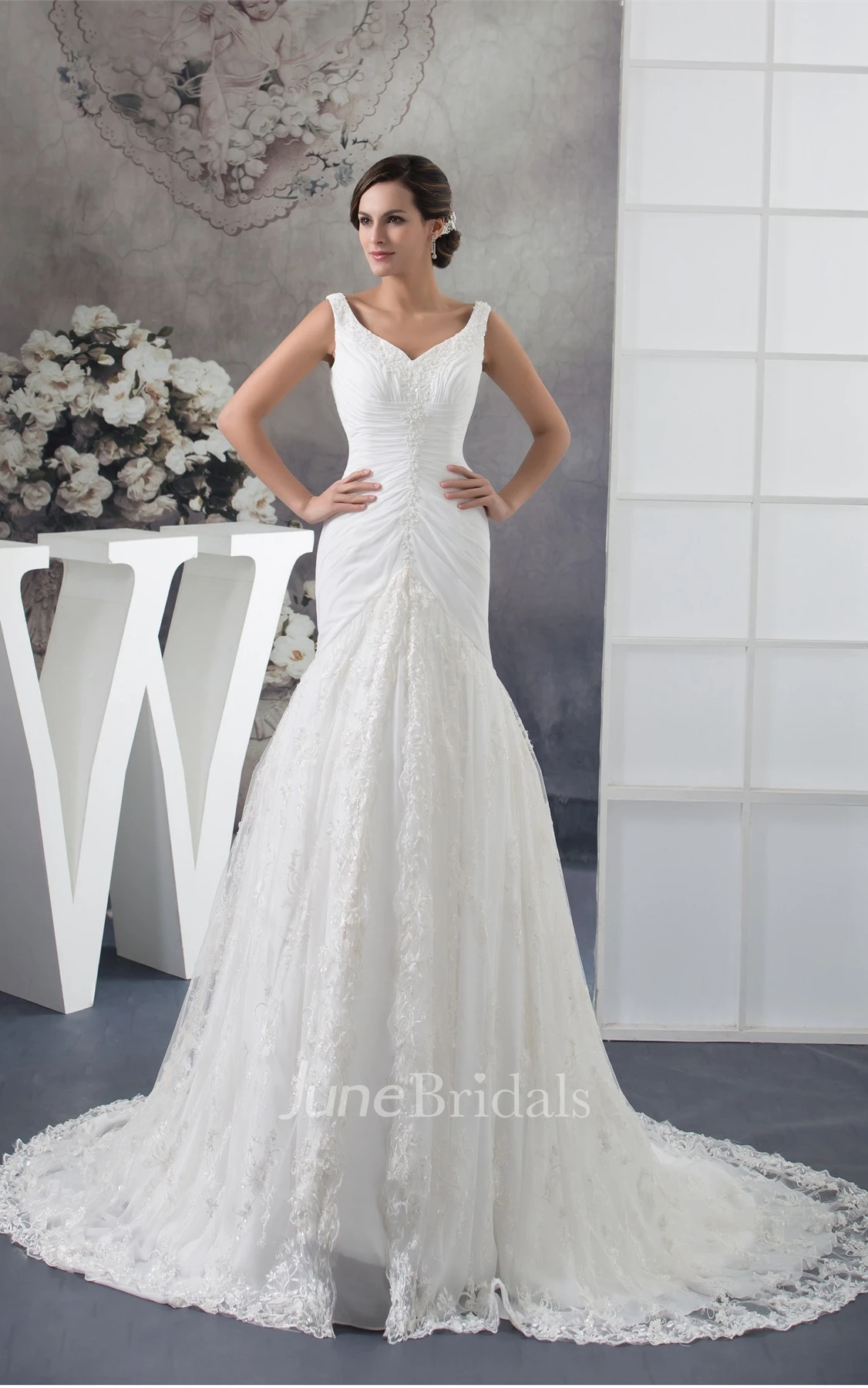 Strapped Column A-Line Dress with Appliques and Tulle Overlay