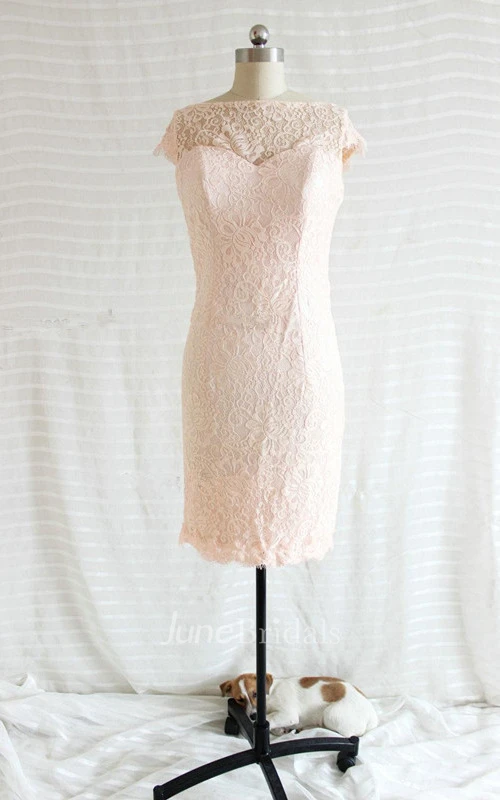 Bateau-neck Sneath Lace Dress With Lace Up Back