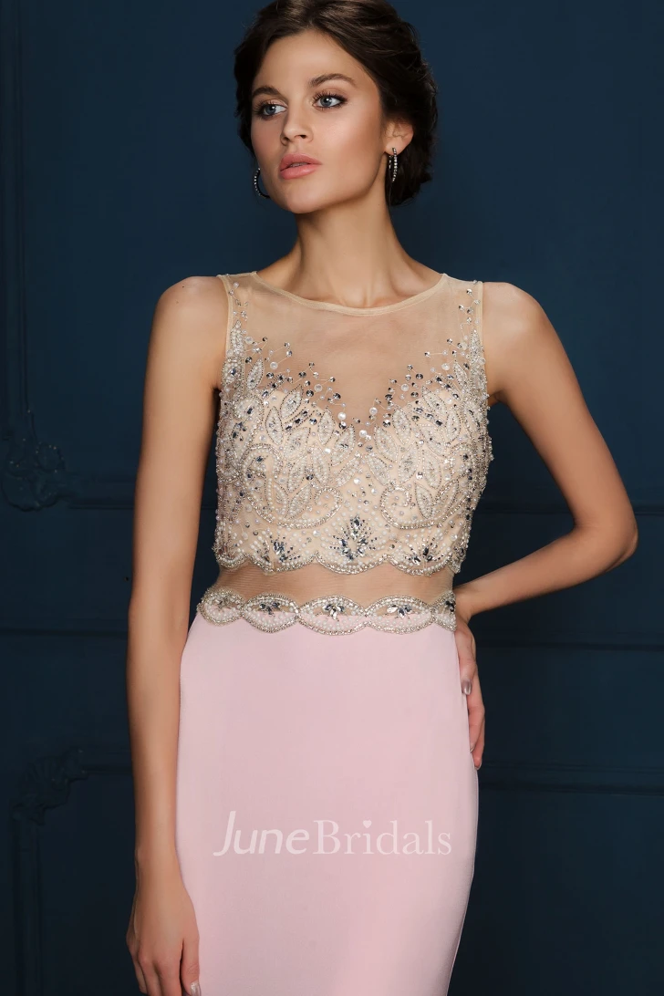 Sheath Appliqued Sleeveless Bateau Neck Chiffon Evening Dress