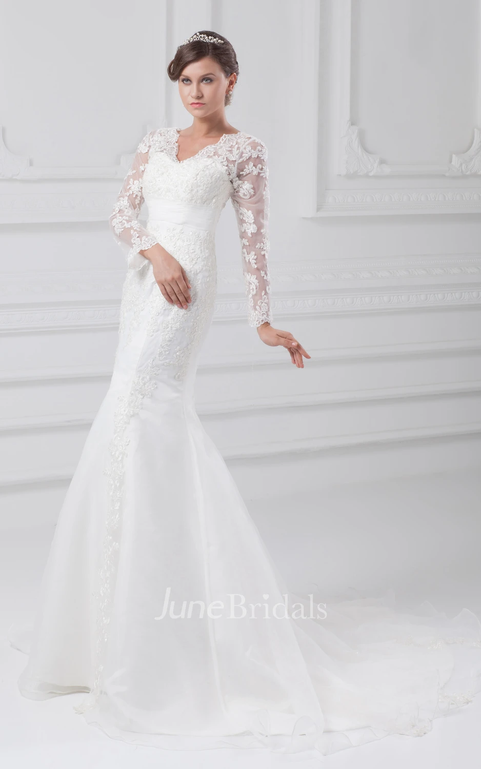 V-Neck Long-Sleeve Siren Gown With Lace Appliques