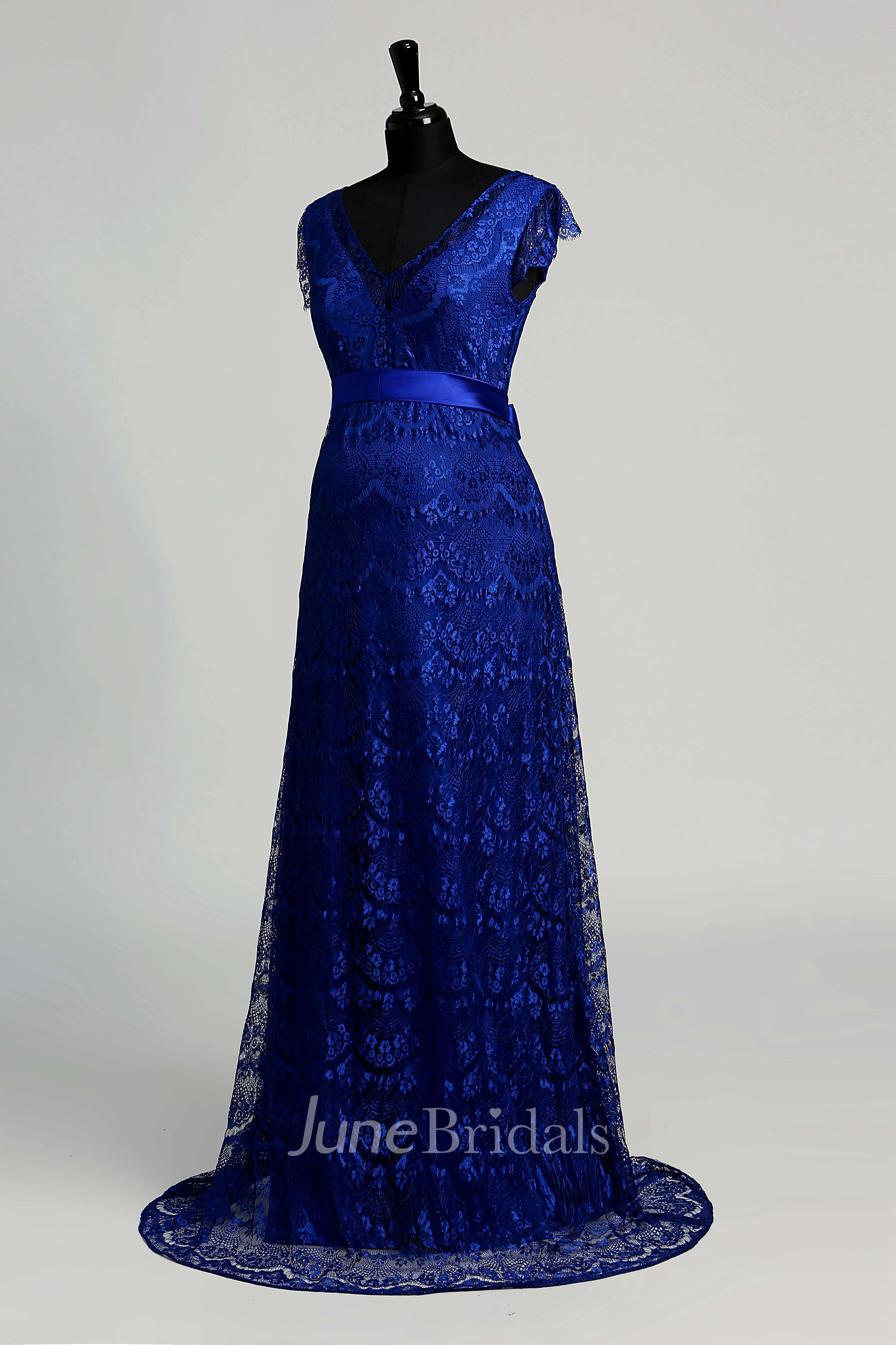 Floor-length A-line V-neck Cap Short Sleeve Low-V Back Lace Maternity Dress with Sweep/Brush Train