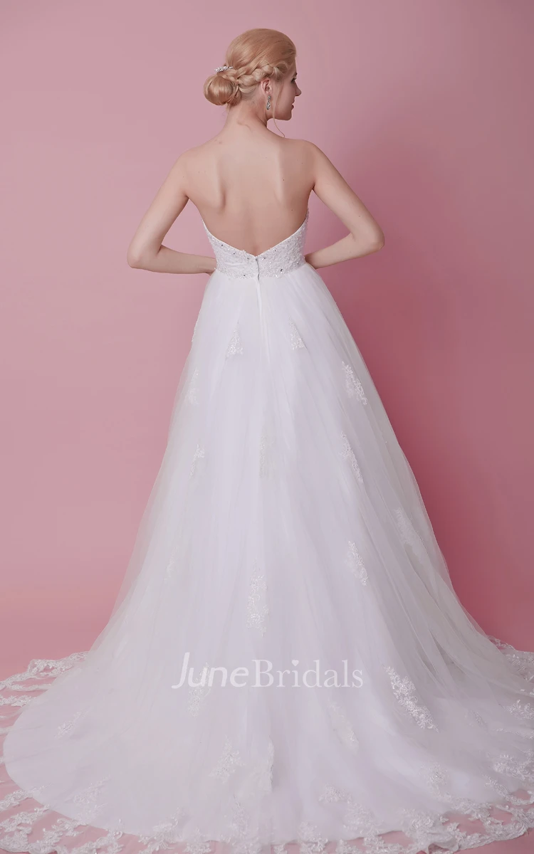 A-Line Strapless Lace-Appliqued Tulle Dress With Beaded Bodice