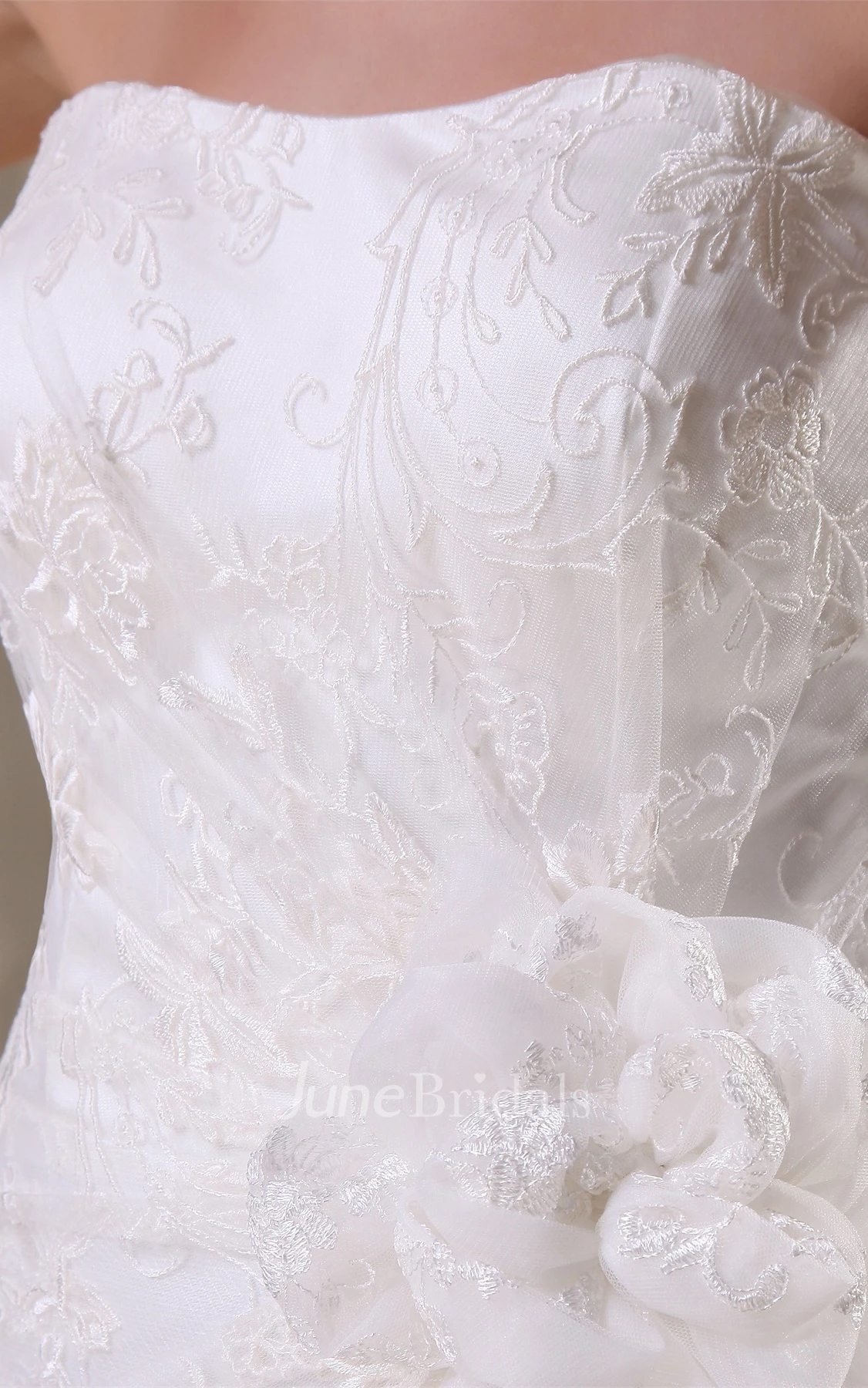 Strapless Lace Sheath Dress with Ruching and Flower