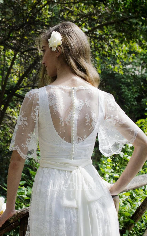 Jewel Bell Sleeve Illusion Back Long Tulle Wedding Dress With Beading And Bow