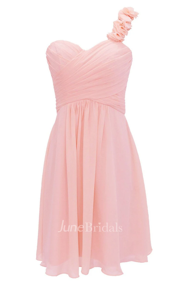 Short One-shoulder Fuchsia Bridesmaid Dress With Flowers Short One-shoulder Fuchsia Bridesmaid Dress With Flowers
