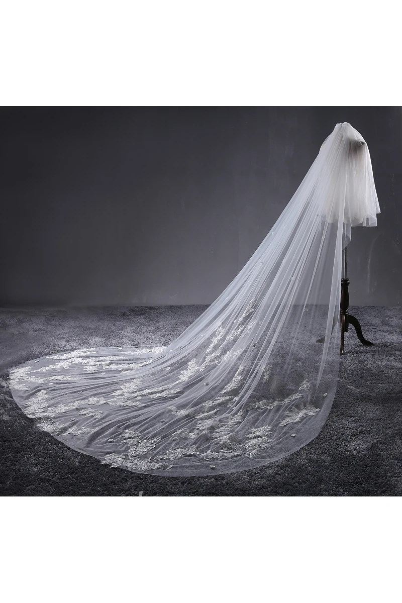 Ethereal Long Tulle Wedding Veil with Lace and Flower Appliques