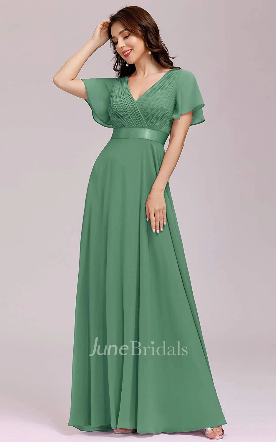 A Line V-neck Chiffon Short Sleeve Formal Mother Dress With Ruffles