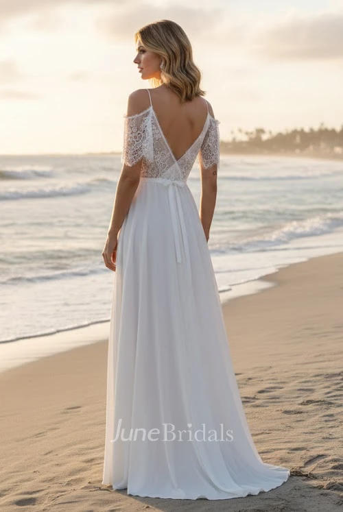 Off-The-Shoulder Lace Beach Wedding Dress Boho A-Line Backless Bridal Gown
