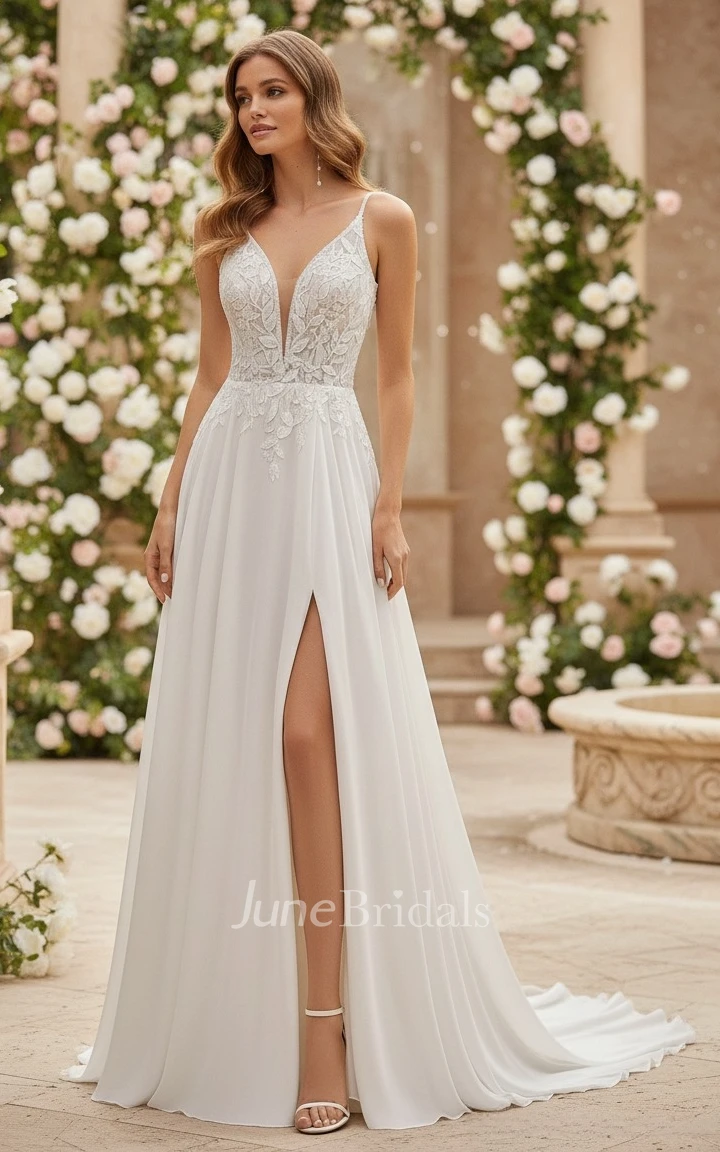 Ethereal A-Line Spaghetti Lace Boho Wedding Gown Sexy Slit Deep-Plunge Beading Bridal Dress