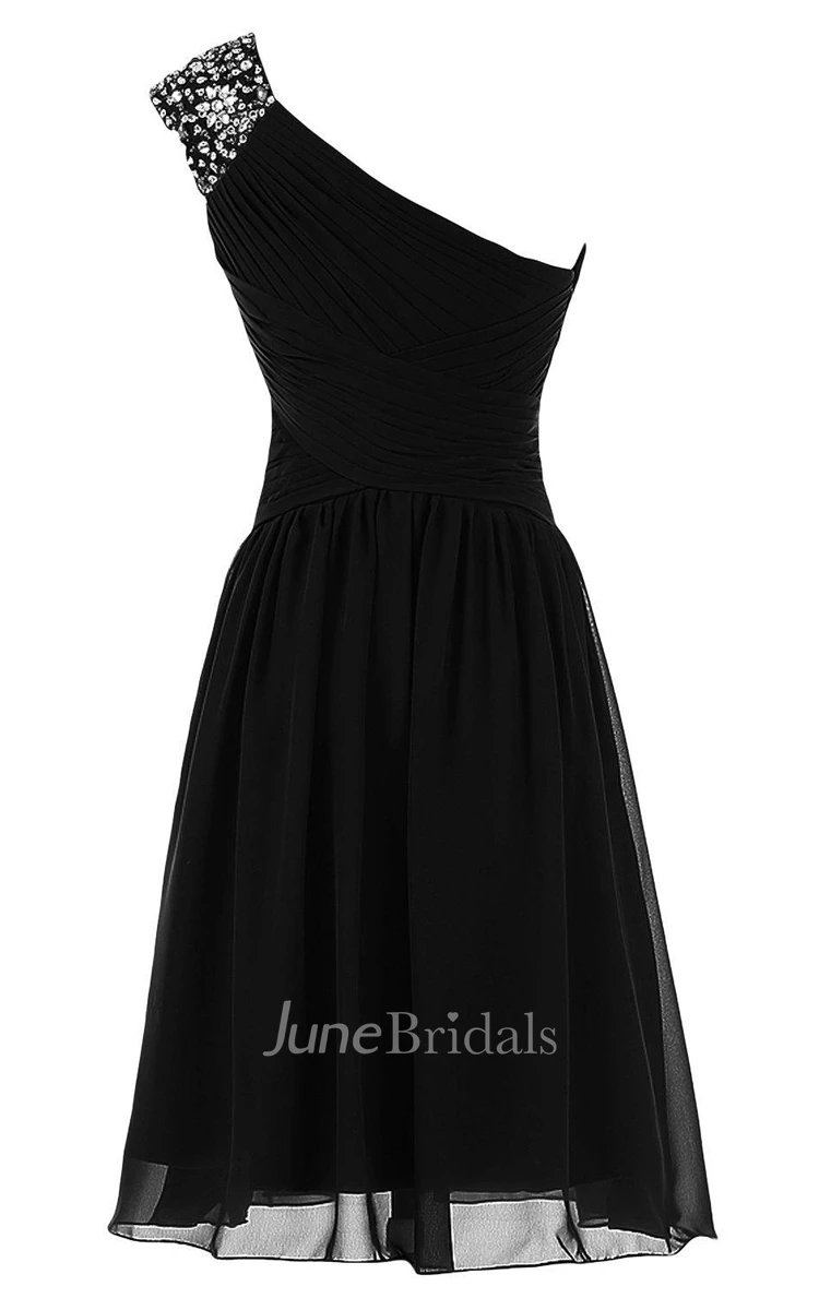 Classic One Shoulder Ruched Chiffon Short Dress With Sequined Short Sleeve