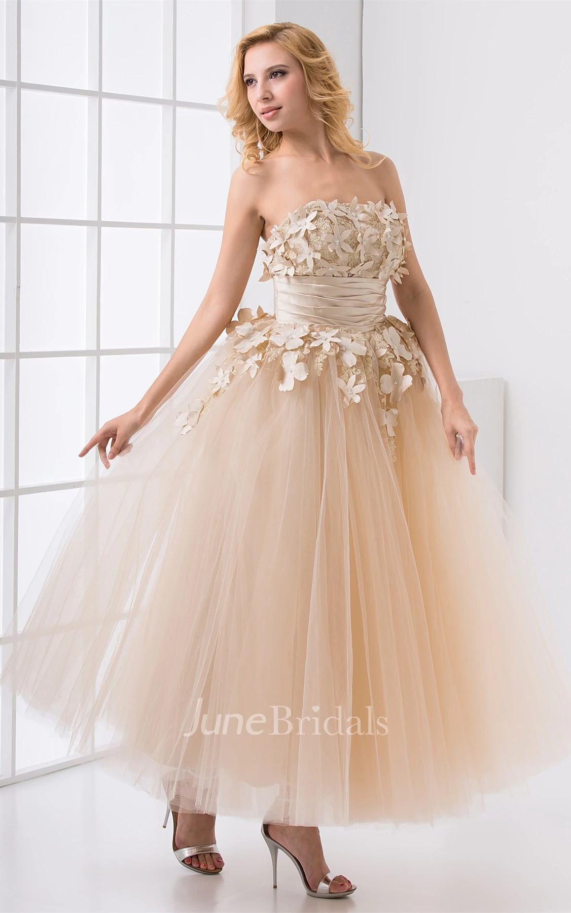 strapless ankle-length tulle dress with appliques and flower