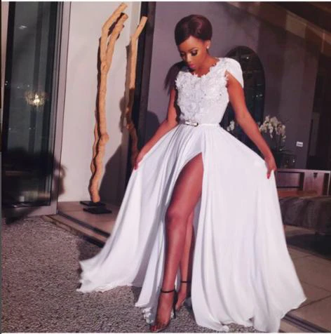 Sexy V-neck Cap Sleeve Chiffon Prom Dress With Front Split Appliques