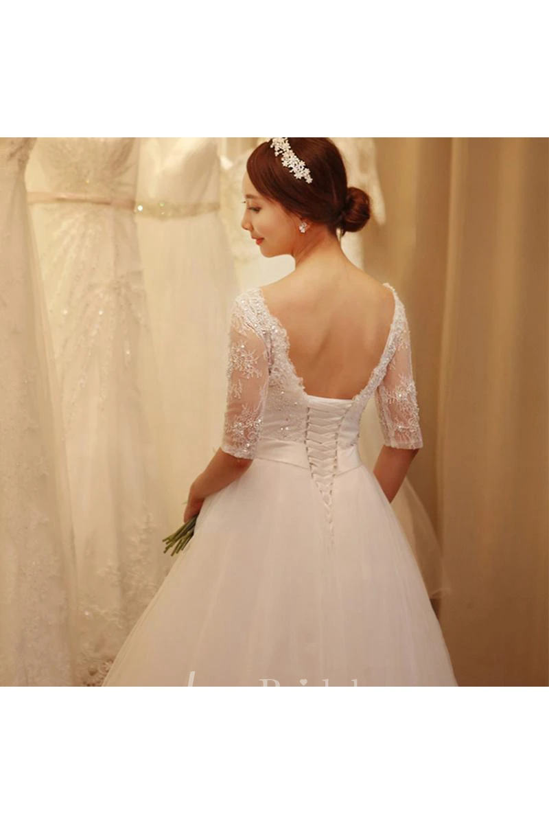 Glamorous Half Sleeve Lace Appliques Wedding Dress Princess Lace-up