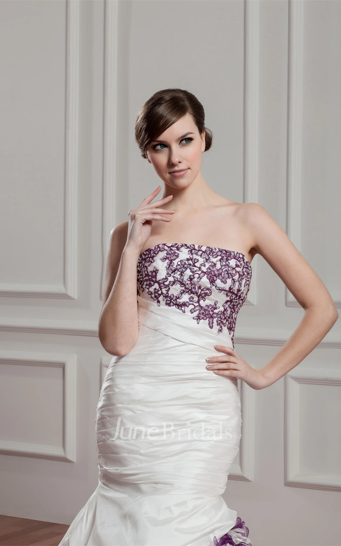 Strapless Mermaid Pick-Up Gown with Appliques and Ruching