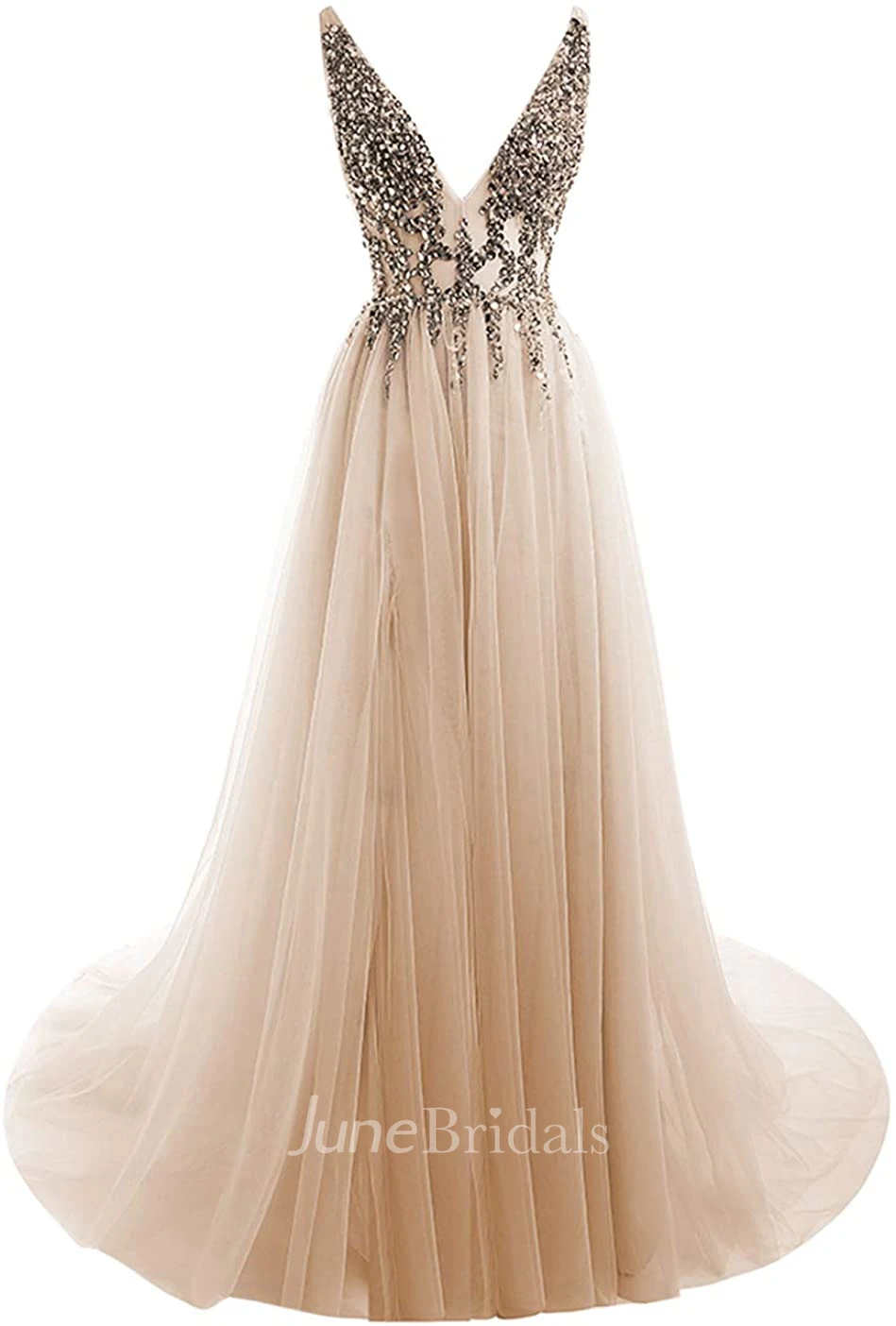 Romantic A Line V-neck Tulle Sleeveless Prom Dress