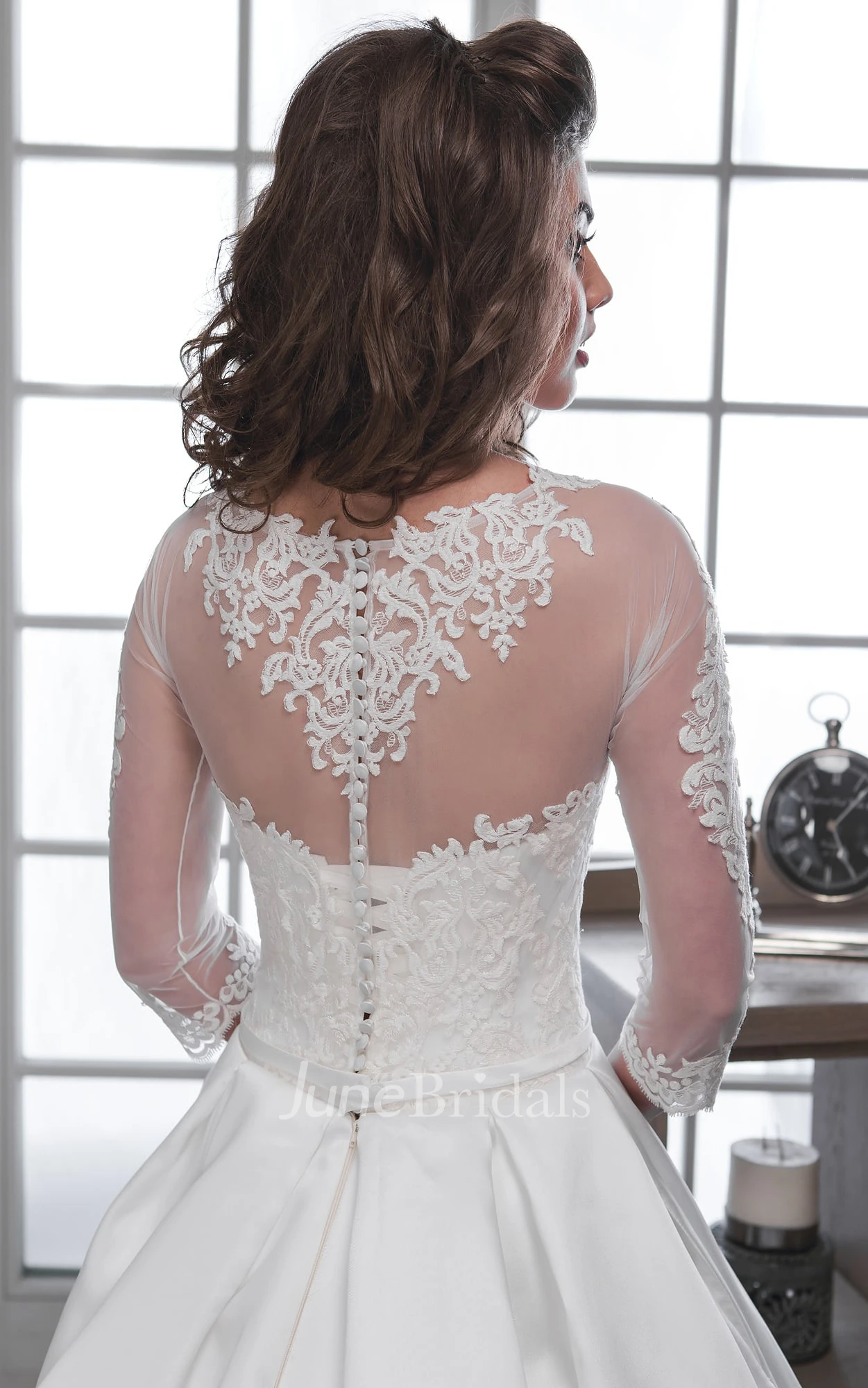 A-Line Floor-Length Scoop 3-4-Sleeve Illusion Satin Dress With Appliques