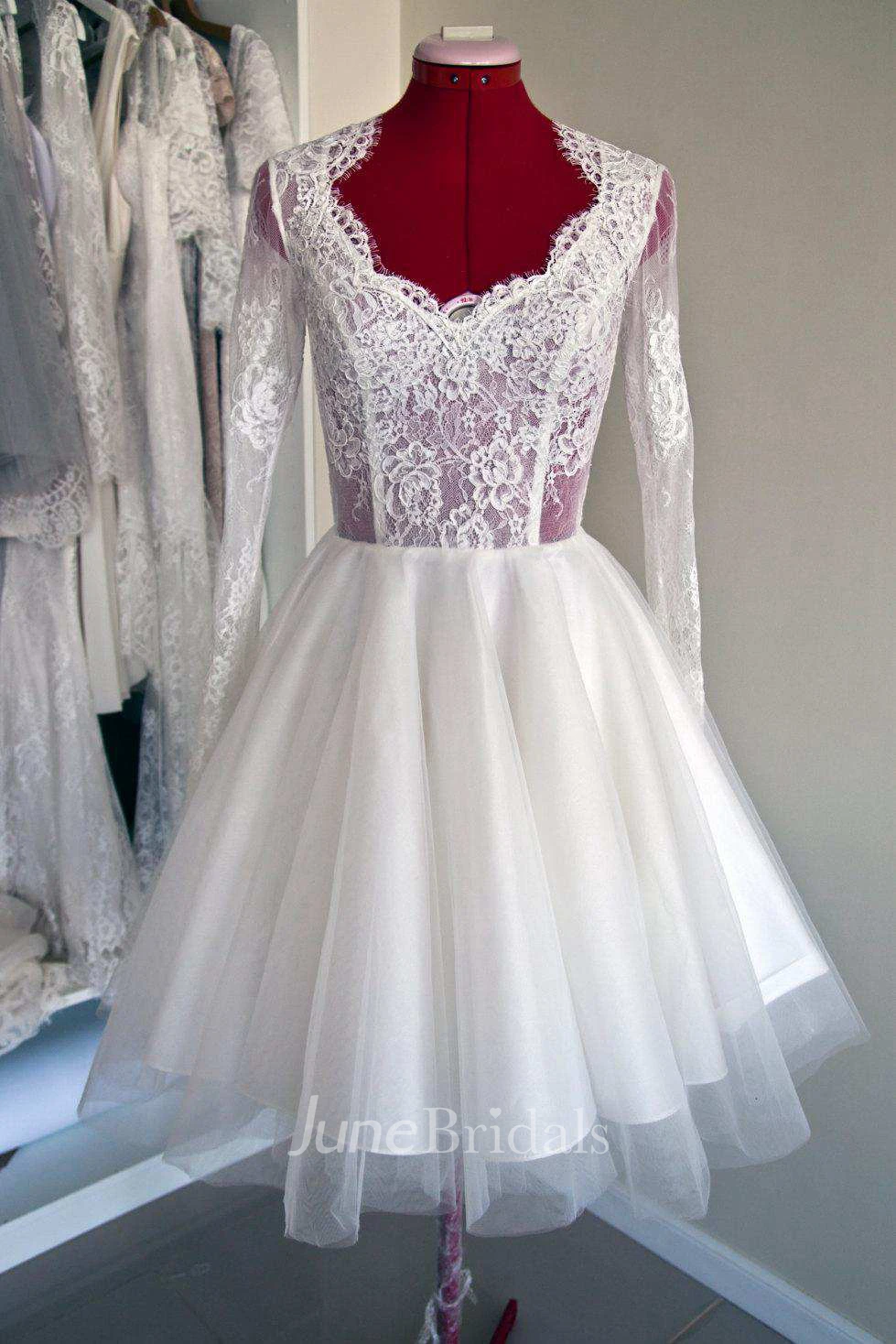 Ball Gown Short Mini Illusion Sleeve Tulle Satin Taffeta Lace Wedding Dress