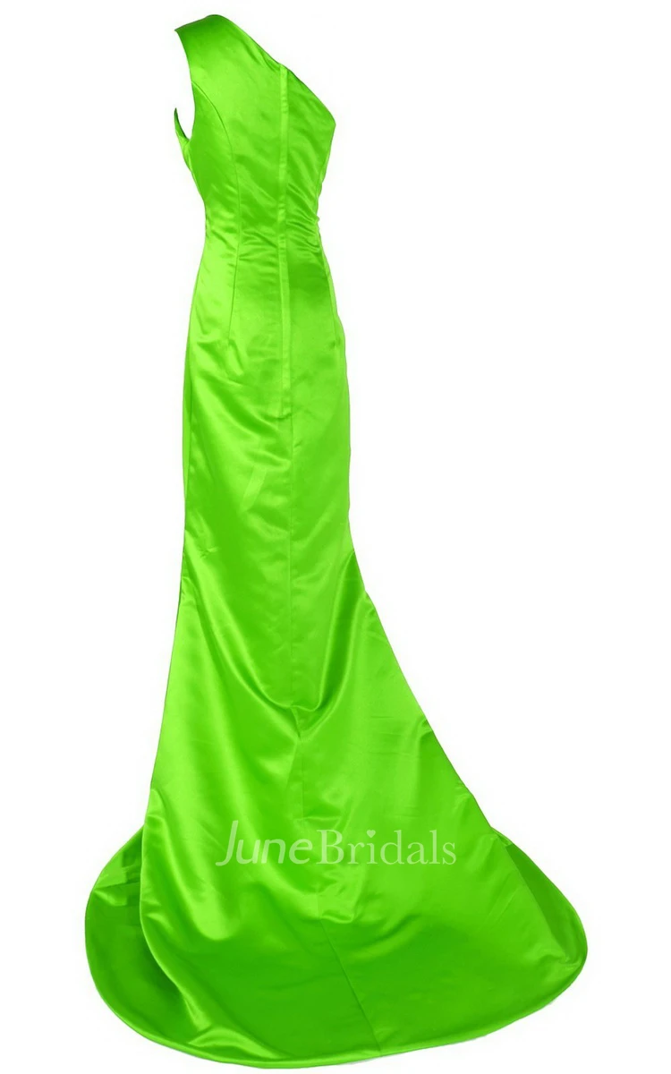 One-shoulder Long Satin Dress With Beaded Neckline
